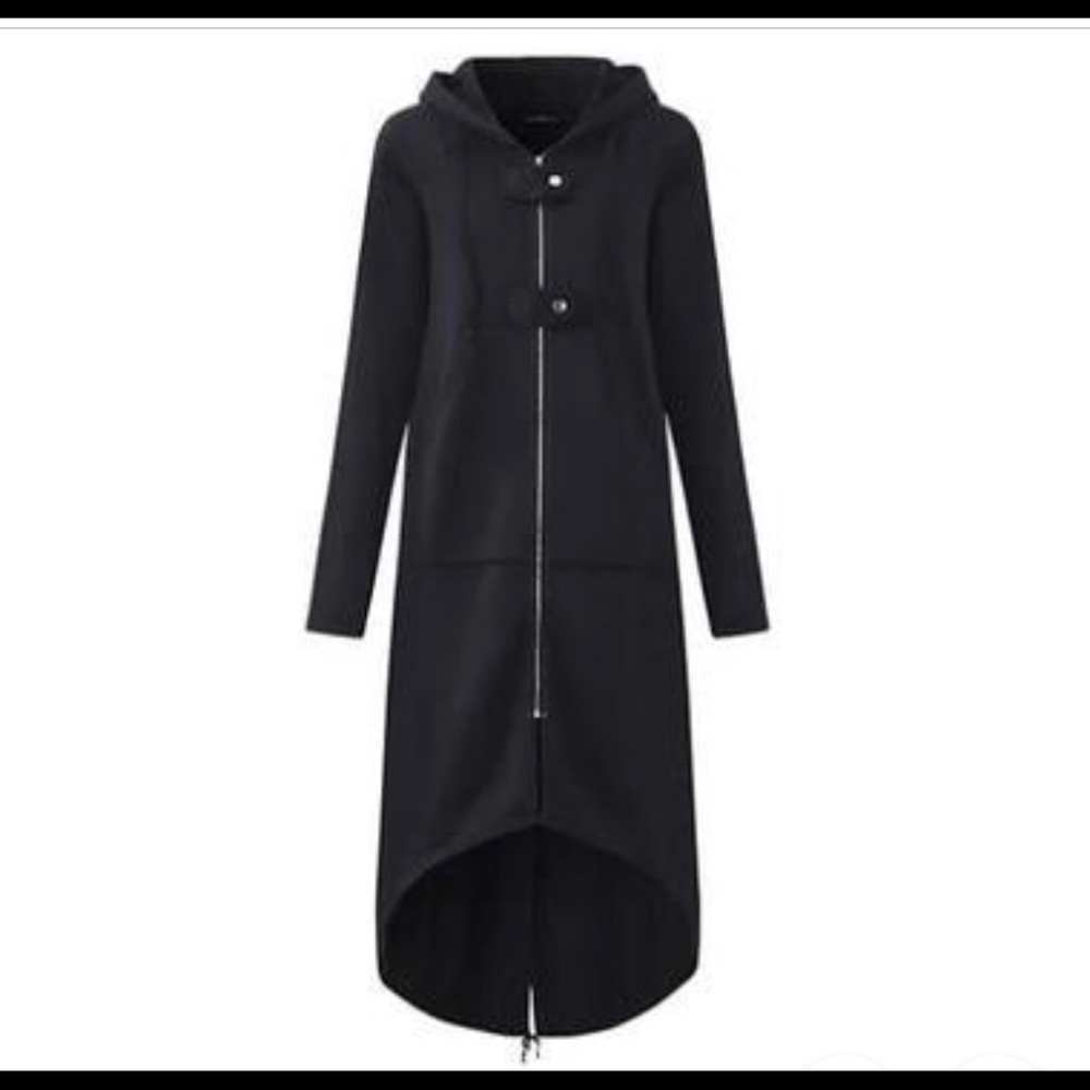 Long black fleece hooded jacket.